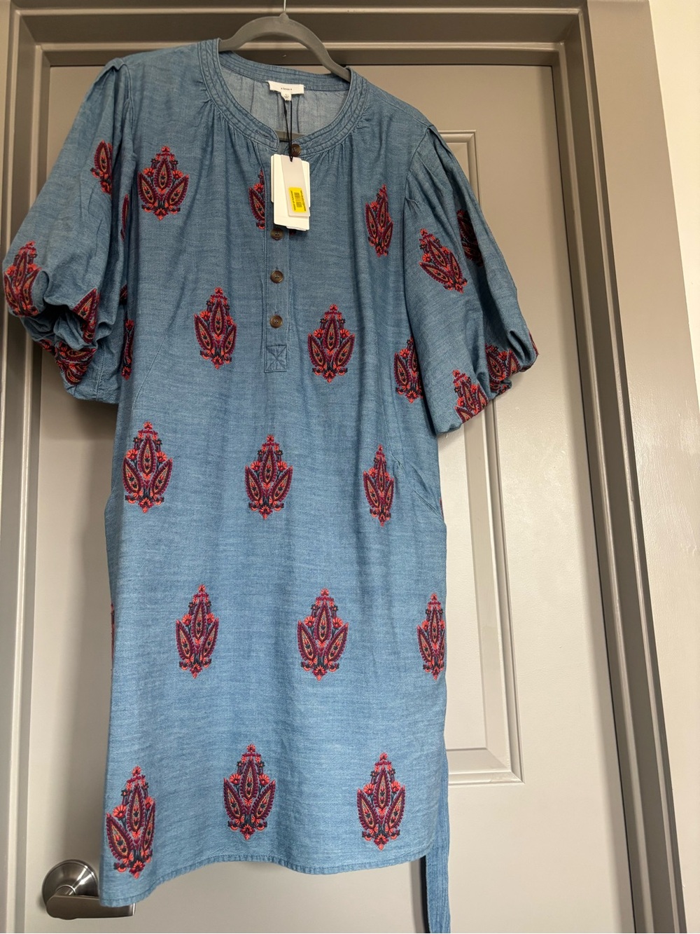 Blue Embroidered Shift Dress with Red Motifs